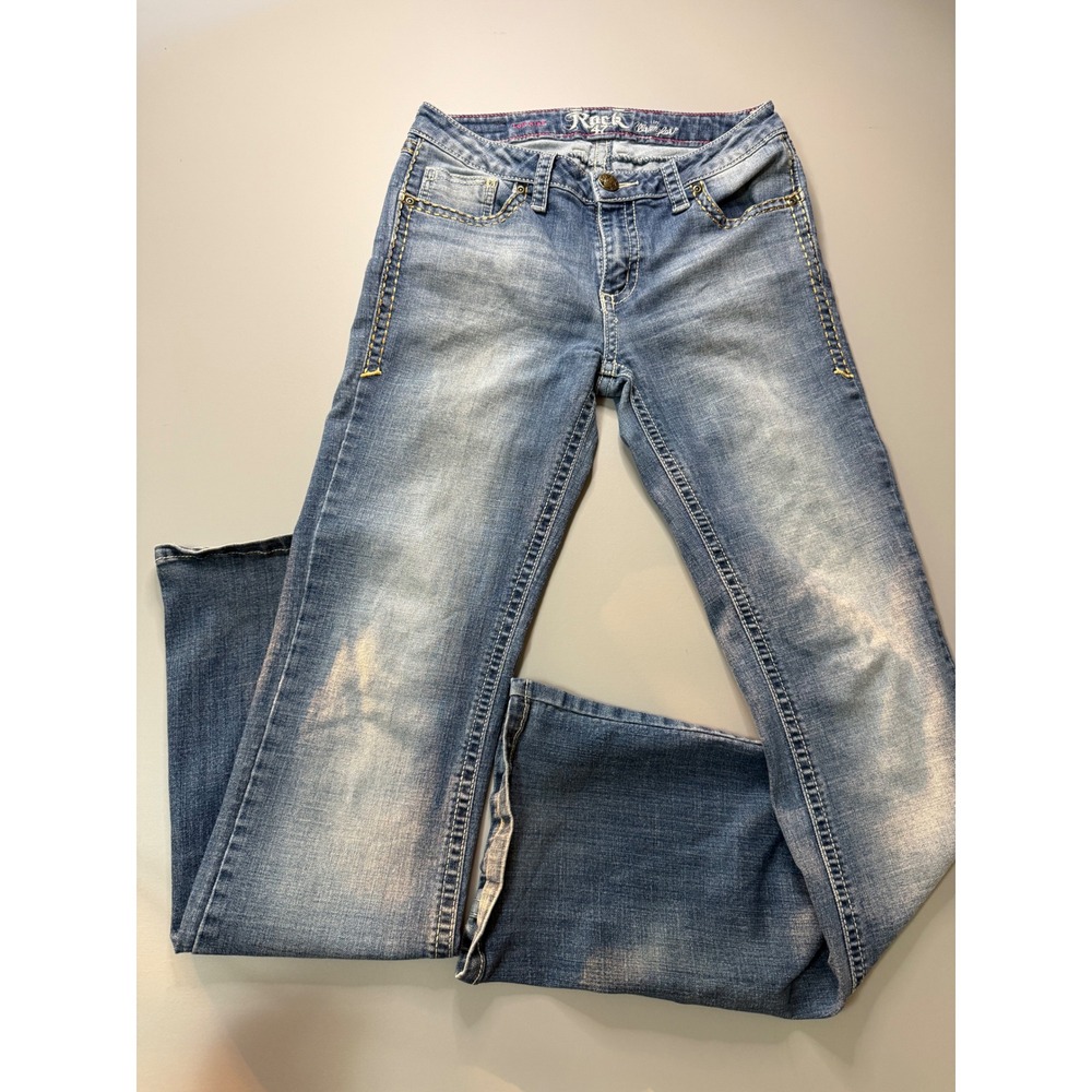 Wrangler Rock 47 Womens Low Rise Bootcut Jeans Blue Embroidered Pockets 29x31